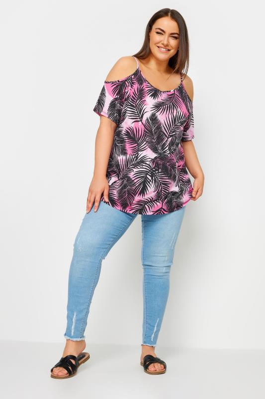 YOURS Plus Size Pink Tropical Print Cold Shoulder Top | Yours Clothing 2