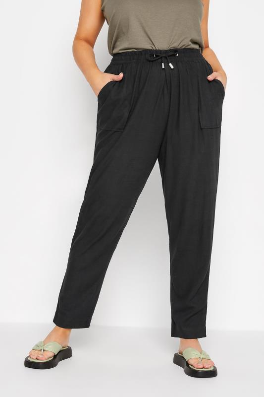 Plus Size Black Linen Blend Joggers | Yours Clothing  1