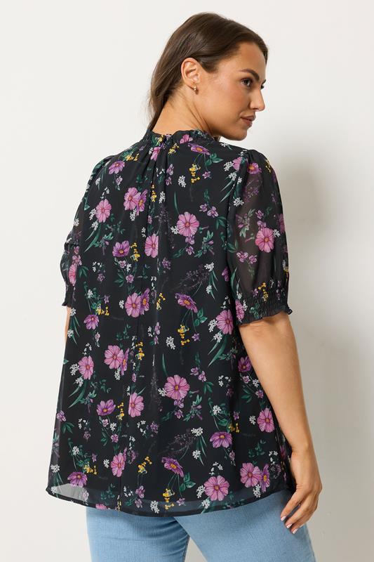 YOURS Plus Size Black Floral Frill Tie Neck Blouse | Yours Clothing 2