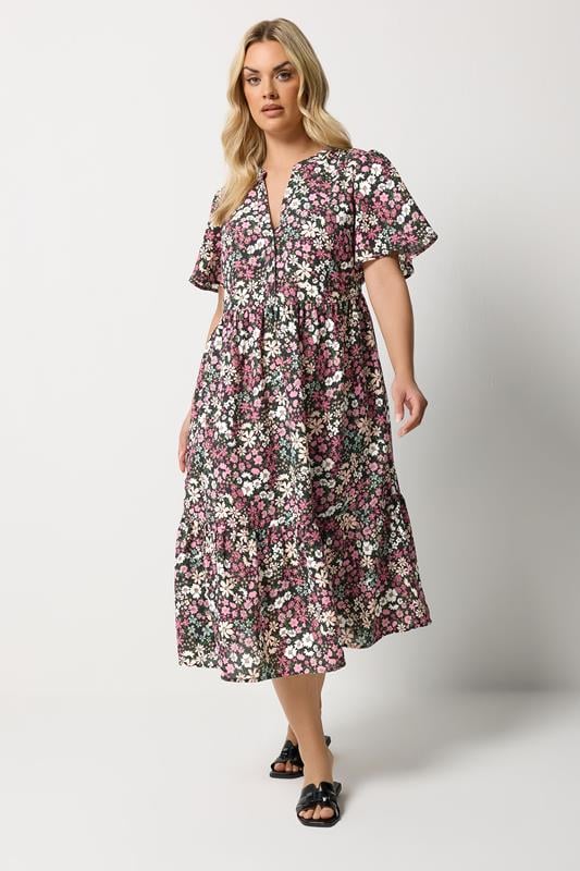  YOURS Robe noire à fleurs avec patte de boutonnage