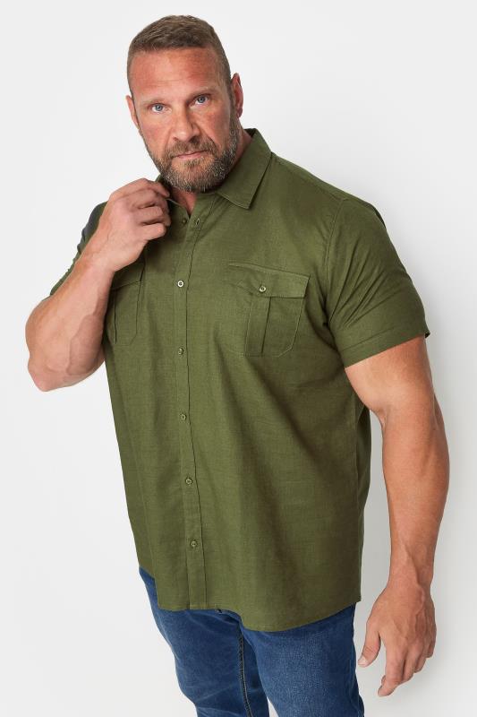 BadRhino Big & Tall Khaki Green Linen Short Sleeve Military Shirt | BadRhino 1