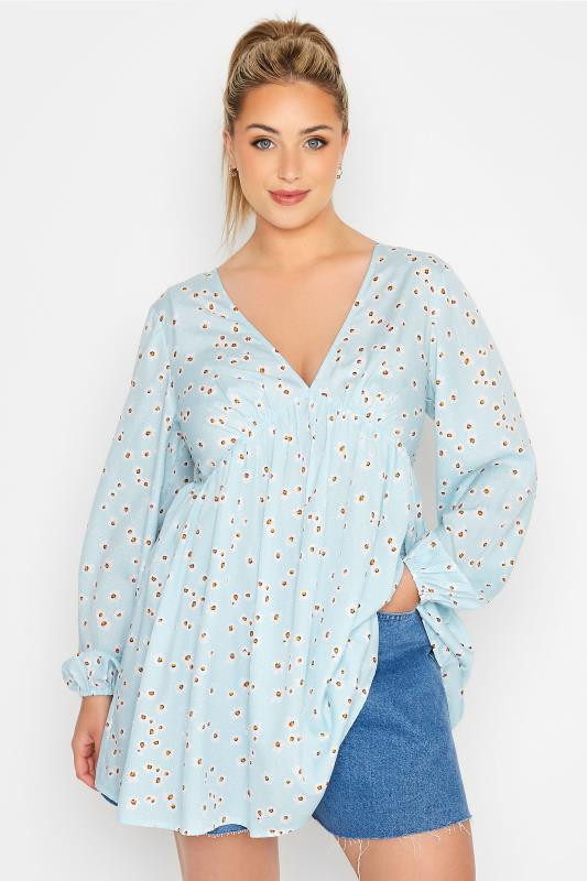  Grande Taille LIMITED COLLECTION Curve Blue Daisy Print V-Neck Smock Blouse
