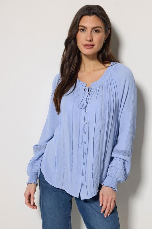 M&Co Blue Trim Detail Tie Neck Blouse | M&Co 1