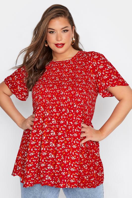  dla puszystych LIMITED COLLECTION Curve Red Floral Shirred Crinkle Smock Top
