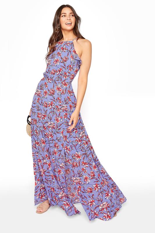 Purple Floral Ruffle Neck Chiffon Maxi Dress | Long Tall Sally