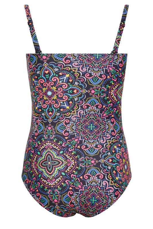 YOURS Plus Size Curve Black Aztec Print Shirred Tummy Control Swimsuit | Yours Clothing  10