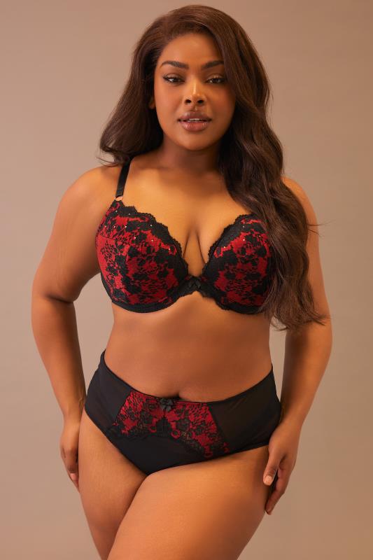 Plus Size  YOURS Curve Red Lace Detail Padded Underwired Plunge Bra