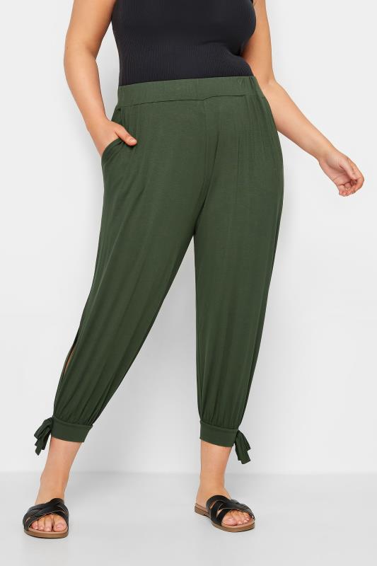 YOURS Plus Size Khaki Green Cropped Tie Detail Harem Trousers | Yours Clothing 1