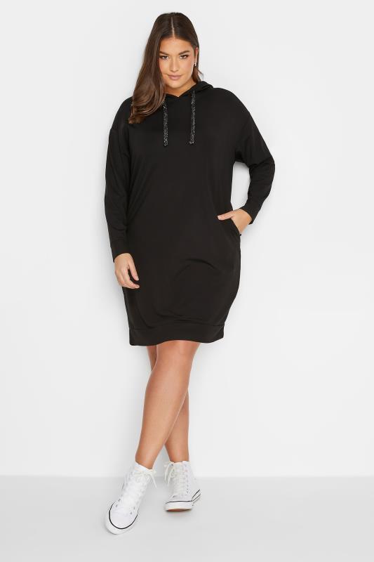 YOURS Plus Size Curve Black Pocket Hoodie Dress | Yours Clothing  2