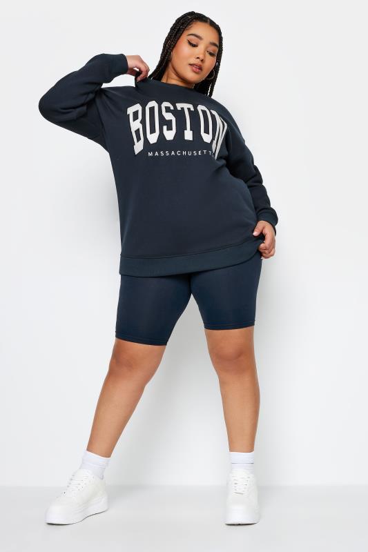 YOURS Plus Size Navy Blue 'Boston' Embroidered Slogan Sweatshirt | Yours Clothing 2