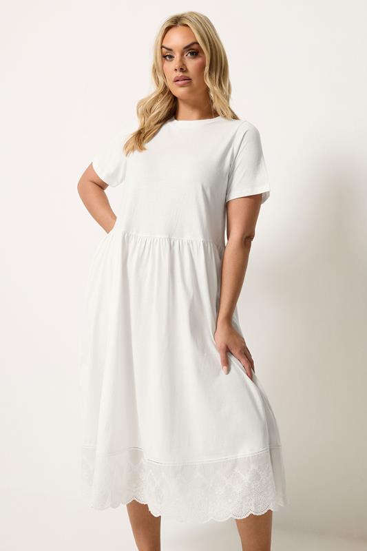  YOURS vestido blanco marfil con ribete de bordados con calados