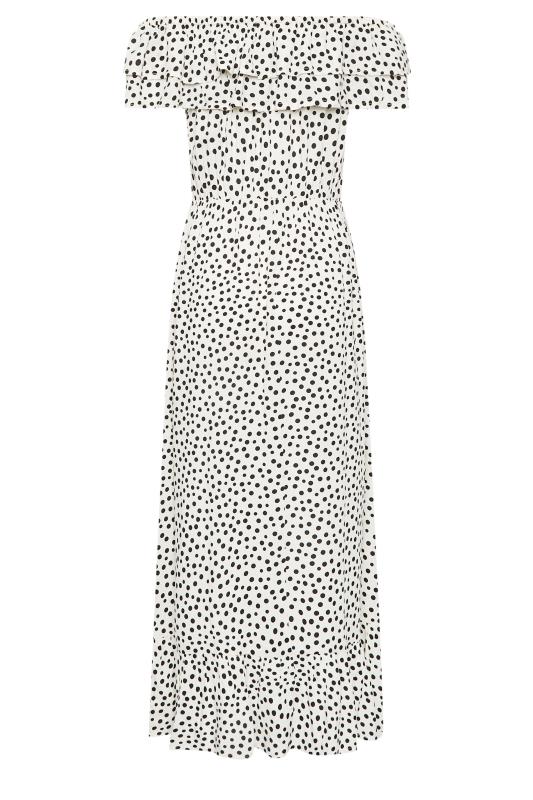 PixieGirl White Polka Dot Frill Bardot Maxi Dress | PixieGirl 7