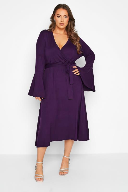 Curve Purple Long Flare Sleeve Wrap Dress 2