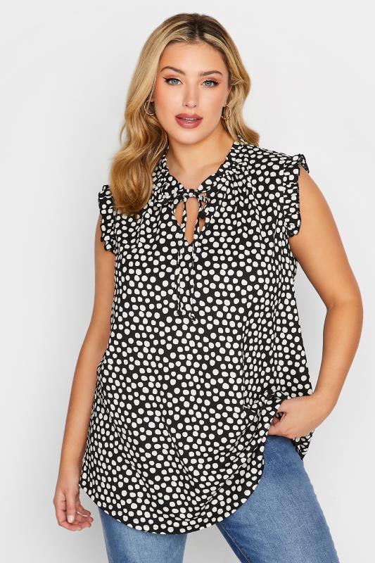 YOURS Plus Size Black Polka Dot Print Frill Sleeve Blouse | Yours Clothing 1