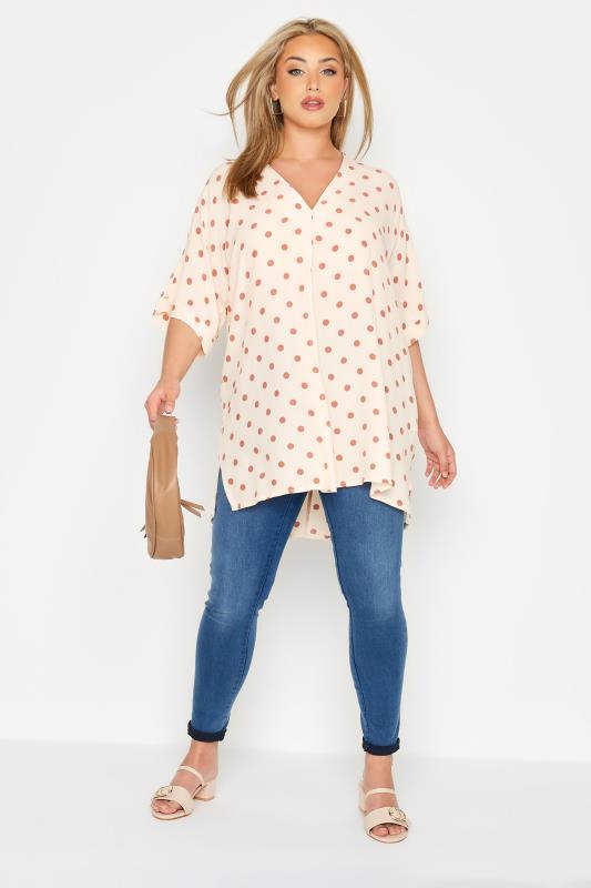 Plus Size Natural Brown Polka Dot Pleat Front V-Neck Top | Yours Clothing 2