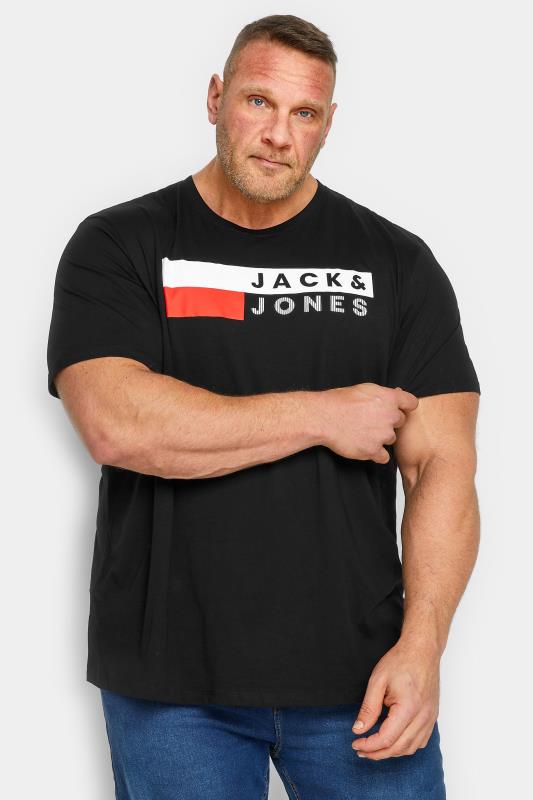 JACK & JONES Big & Tall Black & Red Stripe Logo Print T-Shirt | BadRhino 1