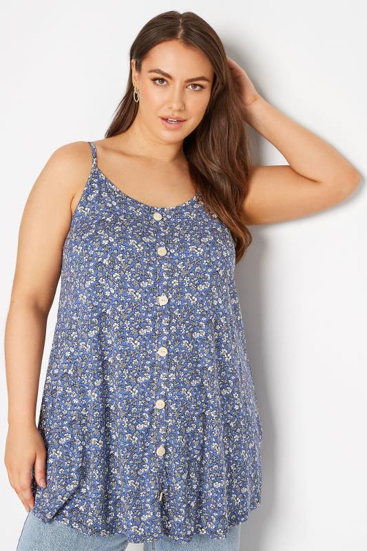 Plus Size Blue Ditsy Print Button Through Cami Top | Yours Clothing  4