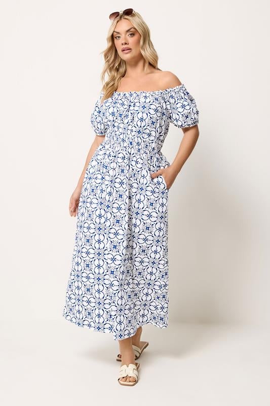 YOURS Plus Size White Floral Poplin Bardot Dress | Yours Clothing 1
