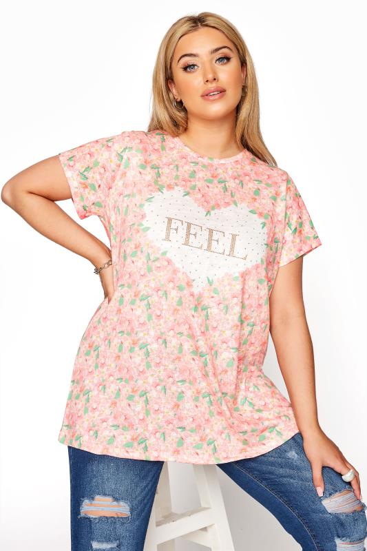 Plus Size  Curve Pink Floral 'Feel' Diamante Slogan T-Shirt