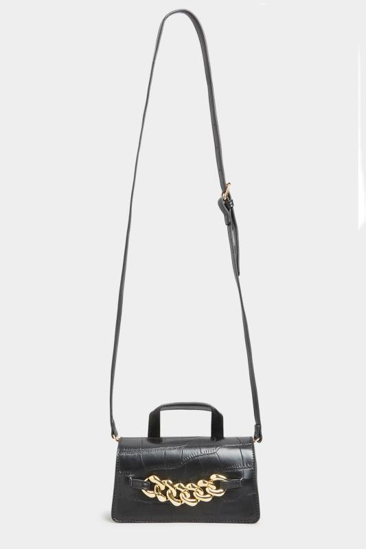 Plus Size Black Croc & Gold Chain Mini Bag  | Yours Clothing 3