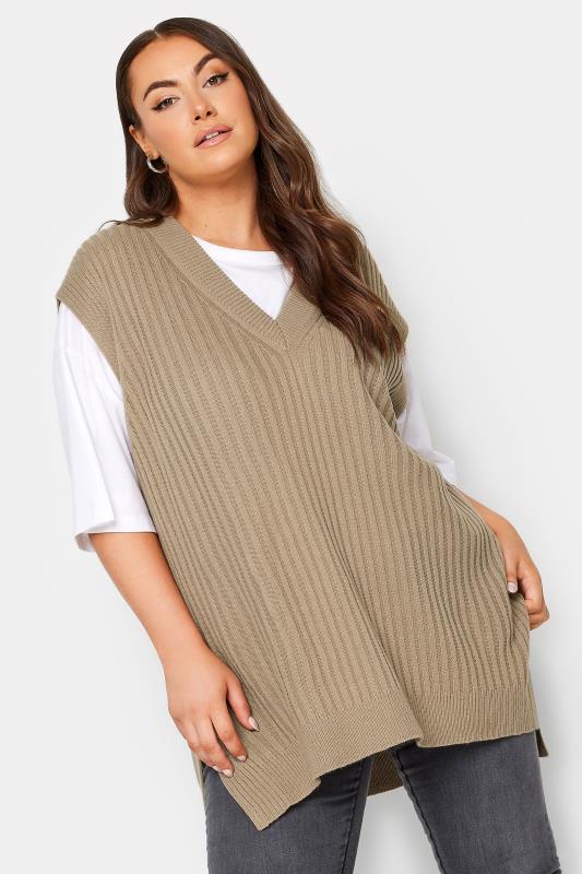 YOURS Plus Size Beige Brown Side Split Knitted Vest Top | Yours Clothing 2