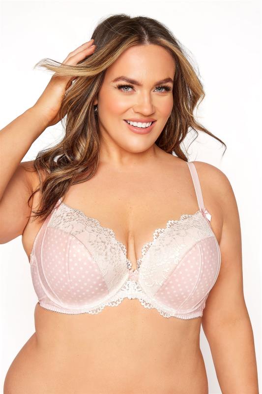 Pink Polka Dot Lace Trim Padded Underwired Plunge Bra | Yours Clothing 1