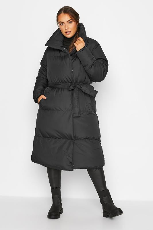 Plus Size  Curve Black Belted Wrap Puffer Coat