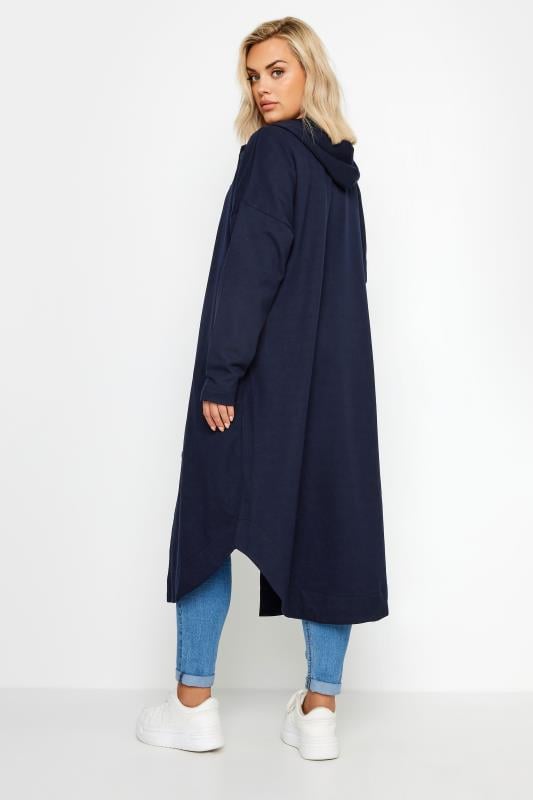 YOURS Plus Size Navy Blue Button Through Hooded Maxi Jacket | Yours Clothing 3