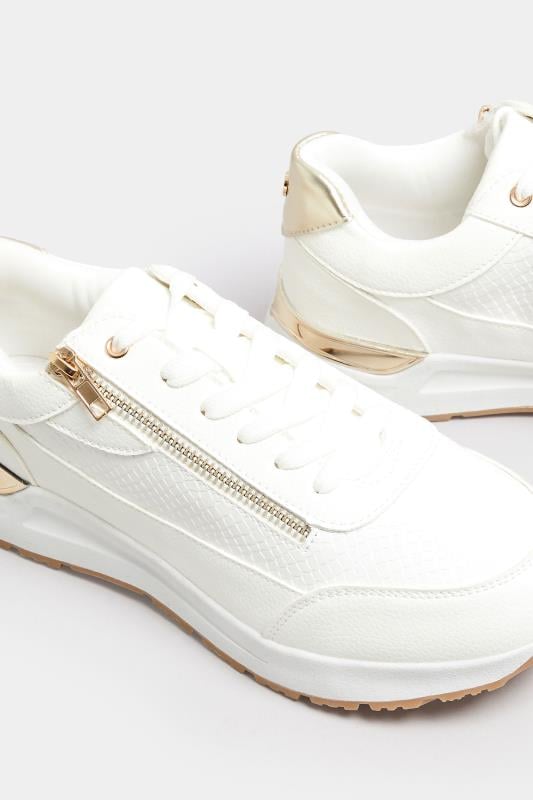 White & Gold Zip Detail Trainers In Wide E Fit | Yours Clothing  5