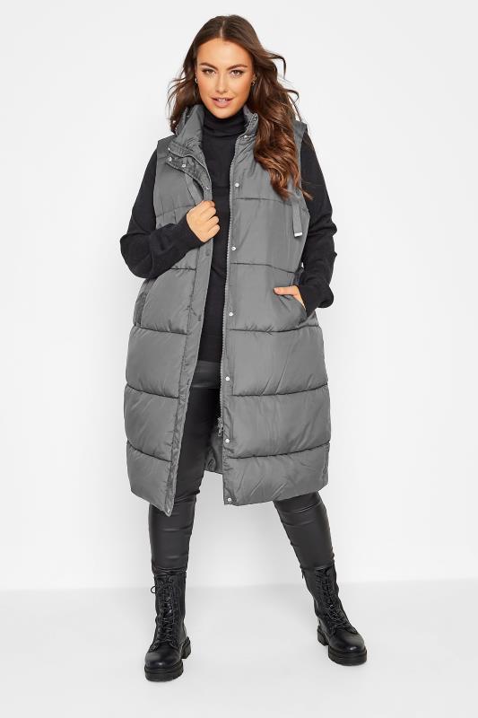 Plus Size  Curve Grey Maxi Panelled Puffer Gilet