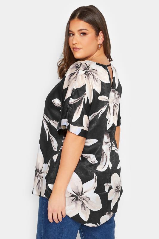 YOURS Plus Size Black Floral Print Keyhole Back Blouse | Yours Clothing 3