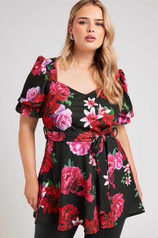 YOURS LONDON Plus Size Black & Pink Floral Print Peplum Top | Yours Clothing 4
