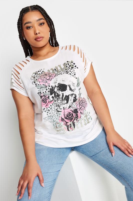 Plus Size  YOURS Curve White Skull Print Cut Out Raglan Top