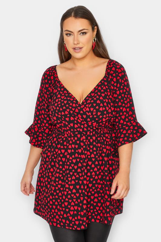 YOURS LONDON Plus Size Black Heart Ruffle Sleeve Wrap Top | Yours Clothing 1