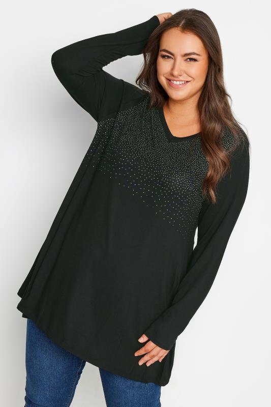 YOURS Plus Size Black Stud Embellished Long Sleeve Top | Yours Clothing 1
