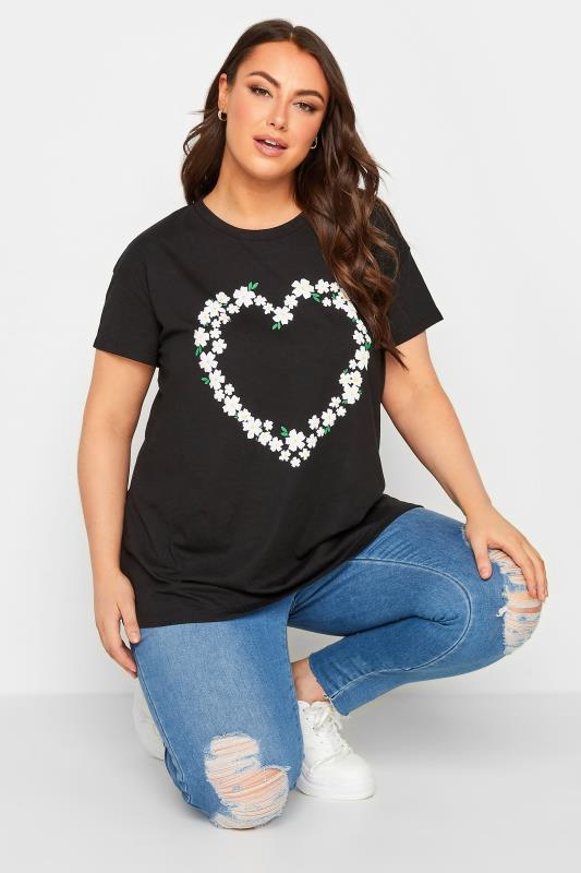 YOURS Plus Size Curve Black Daisy Heart Print T-Shirt | Yours Clothing  1