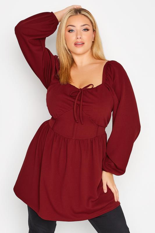  LIMITED COLLECTION Curve Burgundy Red Corset Detail Peplum Top
