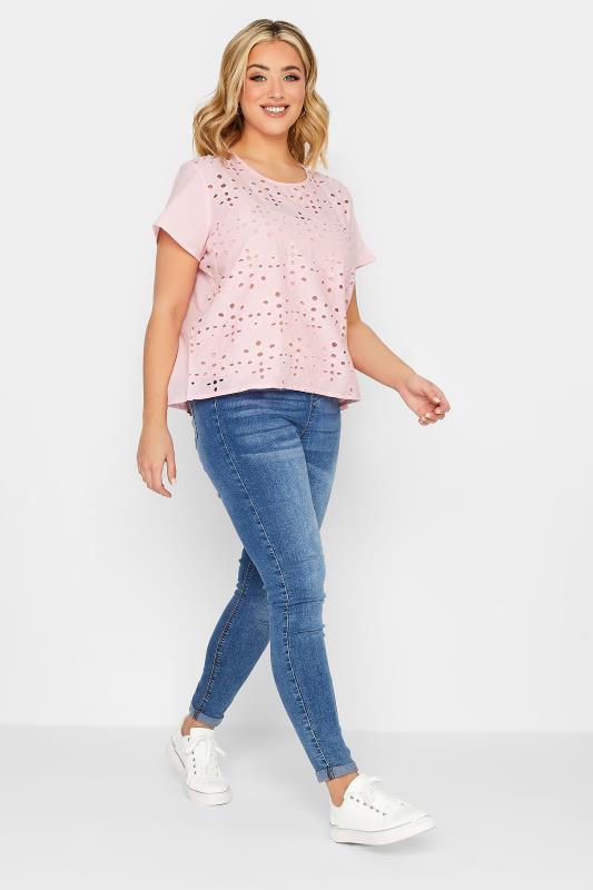 YOURS PETITE Plus Size Curve Light Pink Broderie Anglaise Short Sleeve Top | Yours Clothing  2