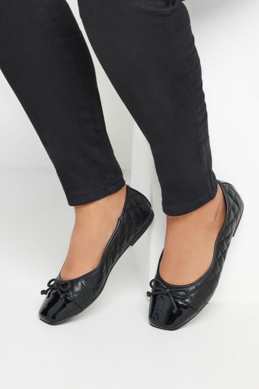  Grande Taille Black Quilted Ballerina Pumps In Extra Wide EEE Fit
