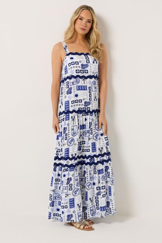 LTS Tall Maxikleid in Blau mit Postkarten-Print