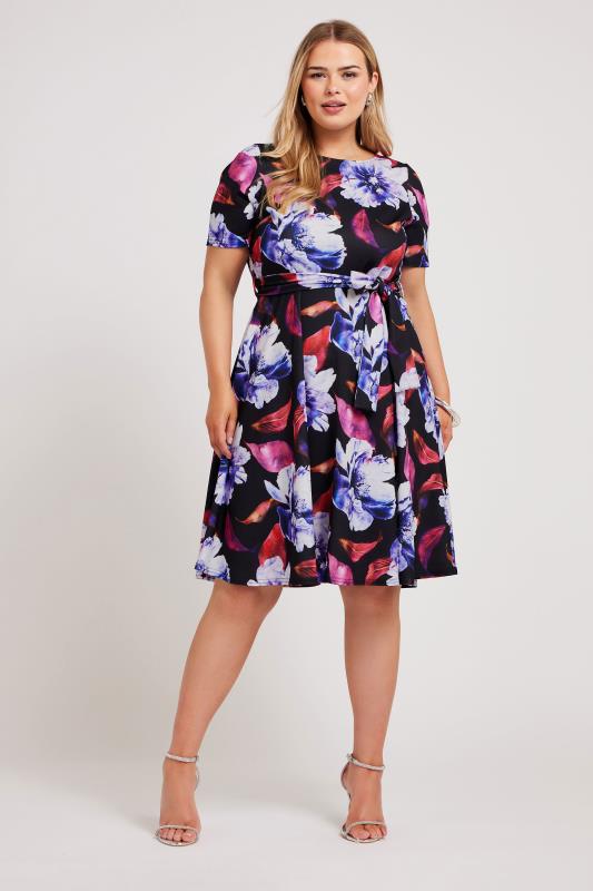 YOURS LONDON Plus Size Black Floral Print Skater Dress | Yours Clothing 1