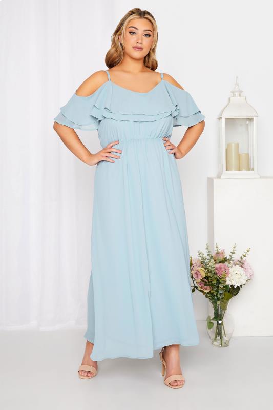 YOURS LONDON Curve Blue Bardot Ruffle Bridesmaid Maxi Dress 1