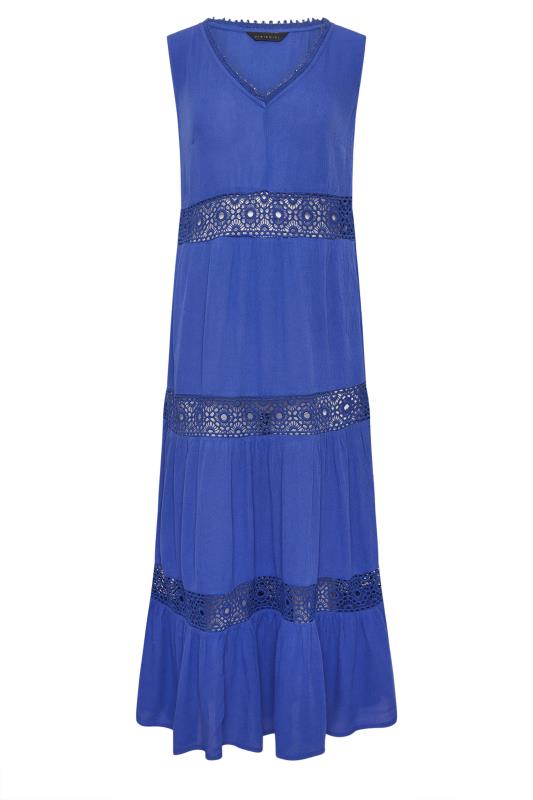 PixieGirl Petite Women's Blue Crochet Trim Tiered Cotton Maxi Dress | PixieGirl 5