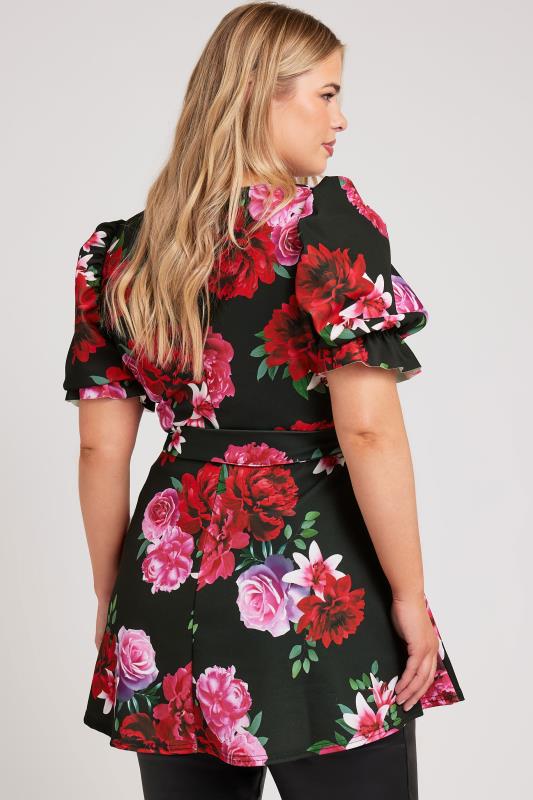 YOURS LONDON Plus Size Black & Pink Floral Print Peplum Top | Yours Clothing 3