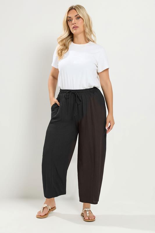  YOURS Curve Black Crinkle Barrel Trousers