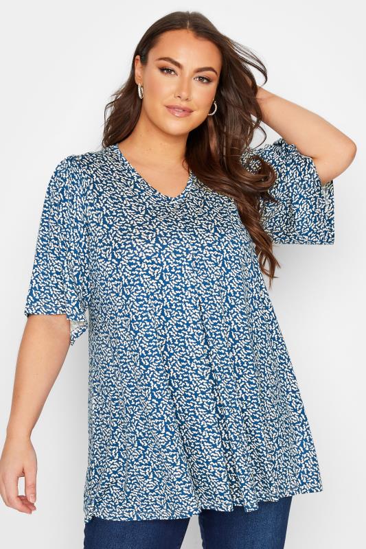 Plus Size Blue Printed Pleat Front Top | Yours Clothing 1