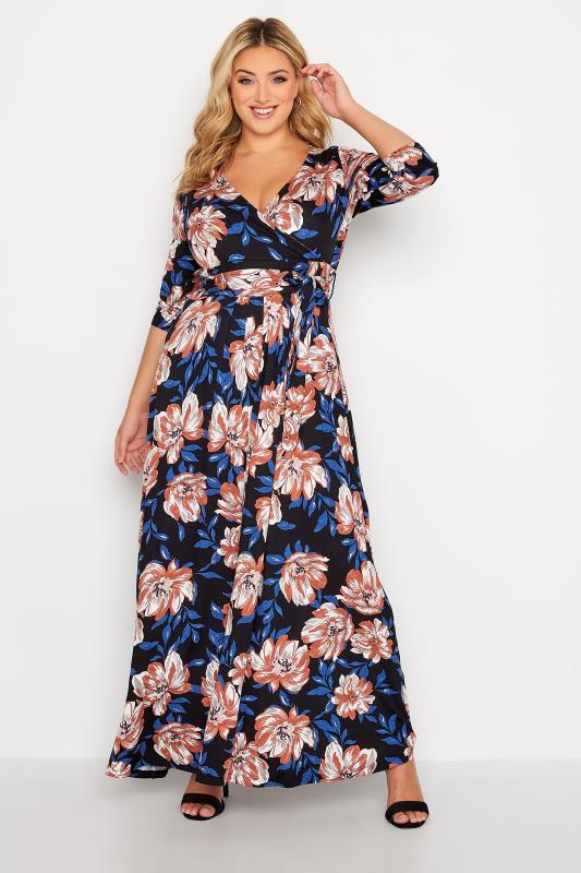 Plus Size Black & Blue Floral V-Neck Maxi Dress | Yours Clothing 2