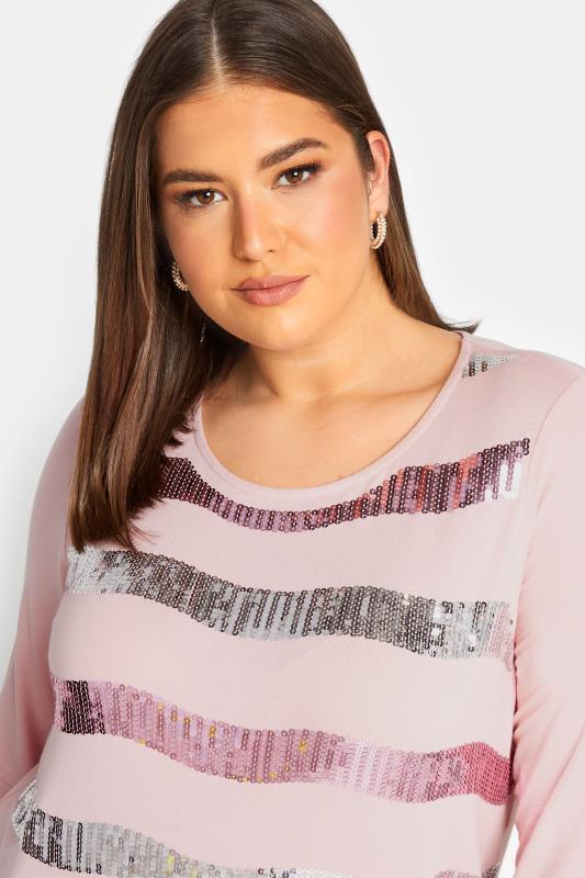 YOURS Plus Size Pink Sequin Stripe Top | Yours Clothing 4