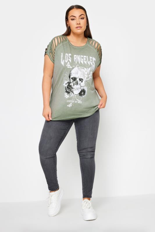 YOURS Plus Size Green Skull Print T-Shirt | Yours Clothing 2