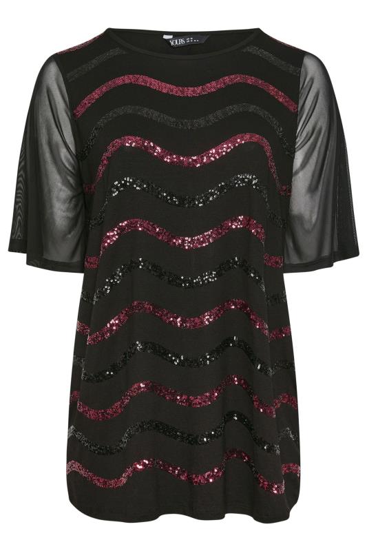 YOURS Plus Size Black Sequin Embellished Mesh Sleeve Top | Yours Clothing 5